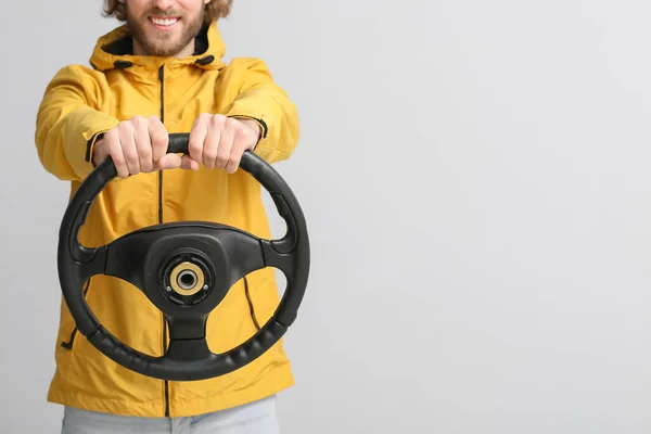 Handsome Man Steering Wheel Grey Background — Stock Photo, Image