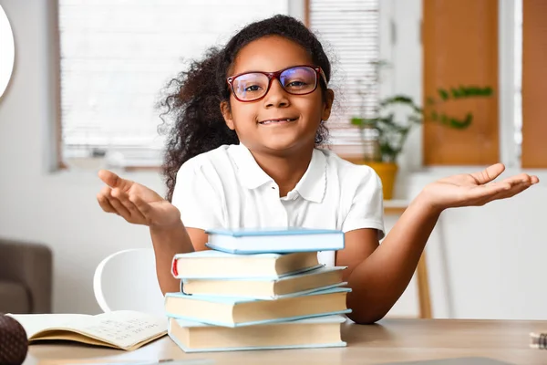 Little African American Girl Shrugging While Studying Online Home — Stock Photo, Image