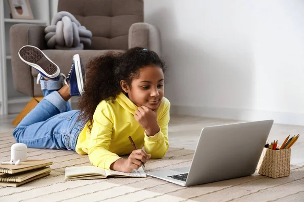 Little African American Girl Studying Online Tutor Floor Home — Stock Photo, Image