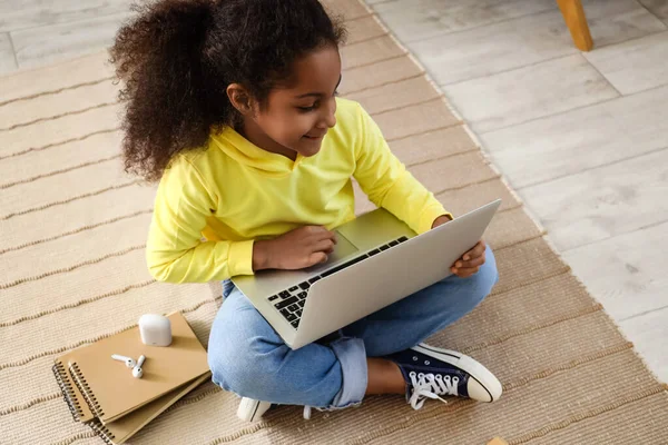 Little African American Girl Studying Online Tutor Floor Home — Stock Photo, Image