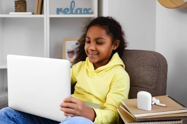 Little African American Girl Studying Online Tutor Armchair Home — Stock Photo, Image