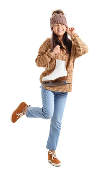 Little Asian Girl Warm Clothes Ice Skates White Background — Stock Photo, Image