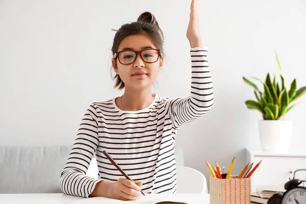 Little Asian Girl Asking Her Online Tutor Question Home — Stock Photo, Image