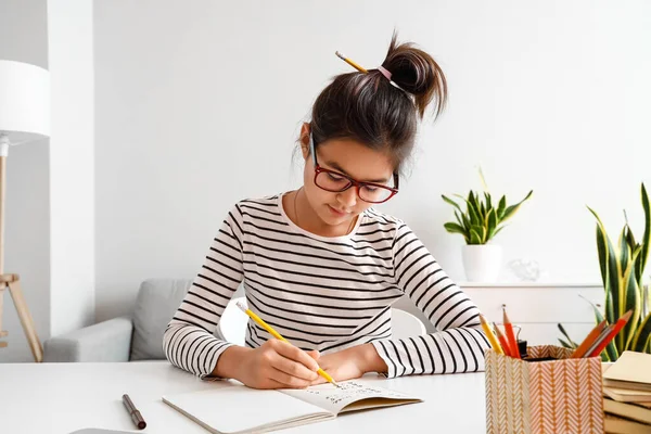 Little Asian Girl Writing Copybook While Studying Online Tutor Home — Stock Photo, Image