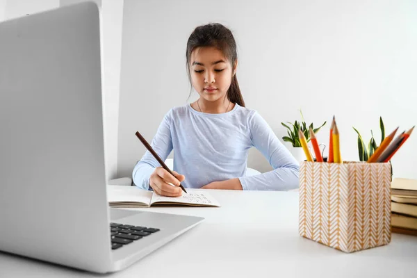 Little Asian Girl Studying Math Online Home — Stock Photo, Image