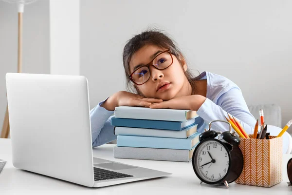 Tired Little Asian Girl Eyeglasses Studying Literature Online Tutor Home — Stock Photo, Image