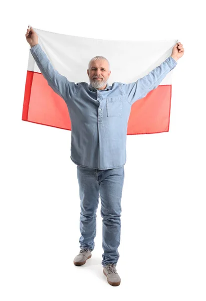 Rijpe Man Met Vlag Van Polen Witte Achtergrond — Stockfoto