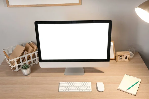 Comfortable Workplace Modern Computer Glowing Lamp Grey Wall — Stock Photo, Image