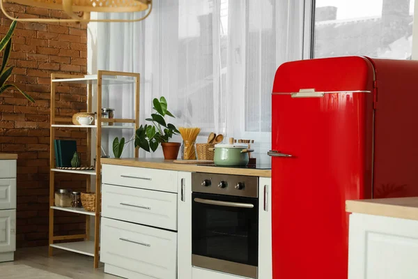 Interior Modern Kitchen Red Fridge Oven — Stock Photo, Image