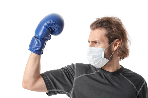 Mladý Muž Lékařské Masce Boxerských Rukavicích Bílém Pozadí Koncepce Silné — Stock fotografie