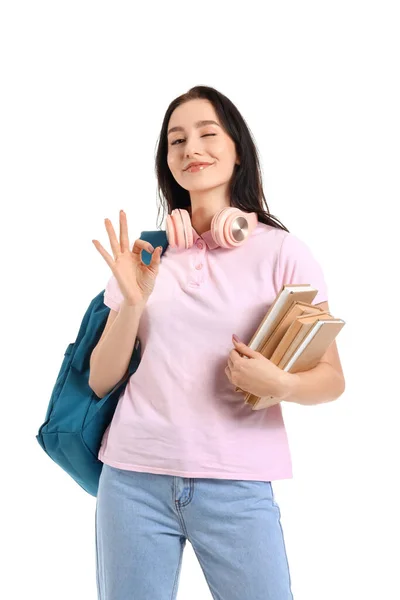 Portrait Beautiful Female Student Showing Gesture White Background — Stock Photo, Image