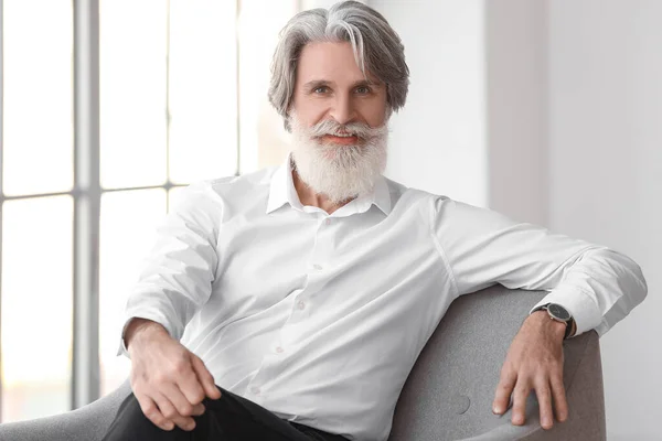 Portrait Handsome Mature Bearded Man Sitting Armchair Home — Stock Photo, Image