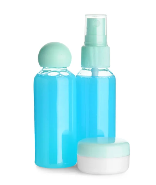 Reseflaskor Och Burk Med Kosmetiska Produkter Vit Bakgrund — Stockfoto