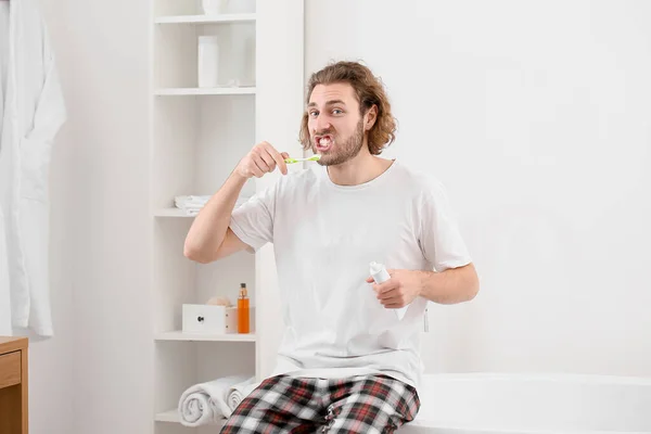 Handsome Young Man Brushing Teeth Bathroom — Stock Photo, Image