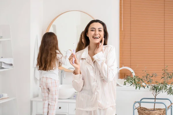 Happy Young Woman Toothbrush Bathroom — Stock Photo, Image
