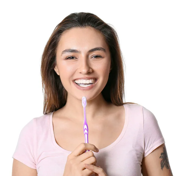 Hübsche Junge Frau Mit Zahnpasta Auf Weißem Hintergrund — Stockfoto