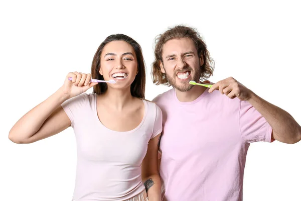 Happy Young Couple Brushing Teeth White Background — Stock Photo, Image