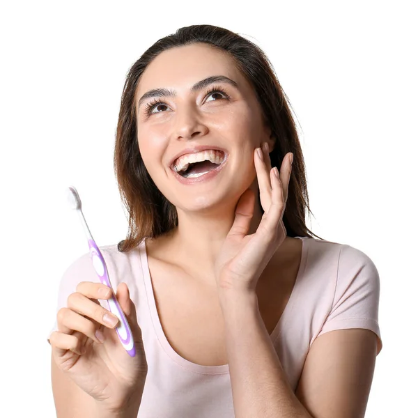 Pretty Young Woman Toothpaste White Background — Stock Photo, Image