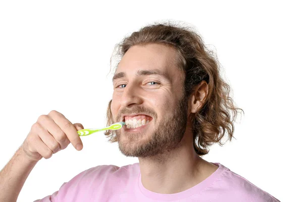 Bonito Jovem Escovar Dentes Fundo Branco — Fotografia de Stock