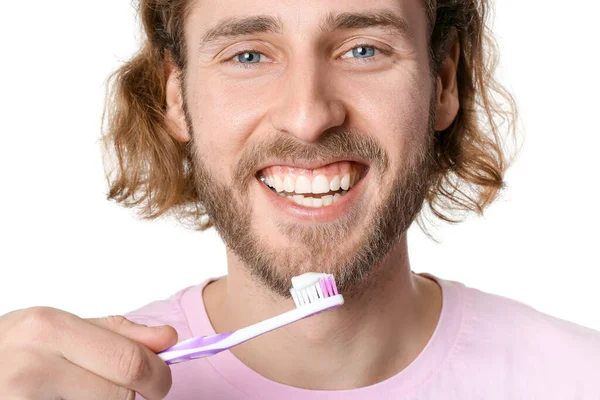 Young Man Tooth Brush Paste White Background Closeup — Stock Photo, Image