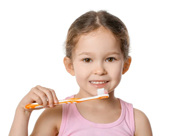 Adorable Little Girl Tooth Brush Paste White Background — Stock Photo, Image