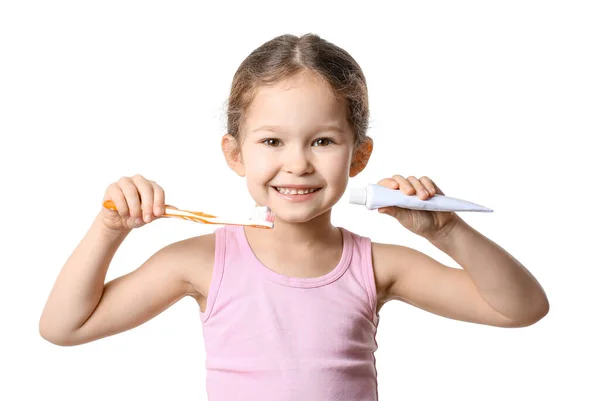 Menina Adorável Com Escova Dentes Colar Fundo Branco — Fotografia de Stock