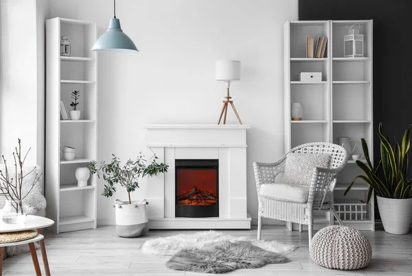 Interior Light Room Fireplace Shelf Units White Wall — Stock Photo, Image