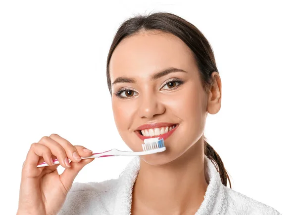 Pretty Young Woman Brushing Teeth White Background — Stock Photo, Image