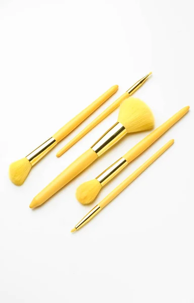 Set Yellow Makeup Brushes White Background — Stock Photo, Image