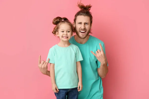 Funny Man Her Little Daughter Pink Background April Fools Day — Stock Photo, Image