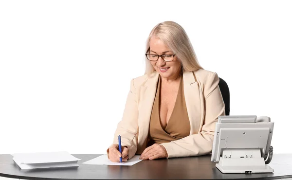 Mature Secretary Table White Background — Stock Photo, Image
