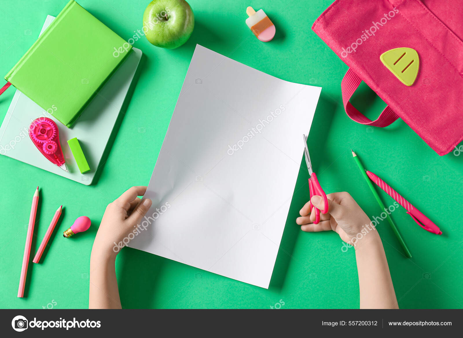 Child's Hands Blank Sheet Paper Scissors Different Stationery Green