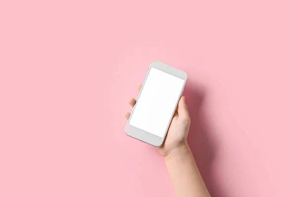 Child Hand Modern Mobile Phone Pink Background — Stock Photo, Image