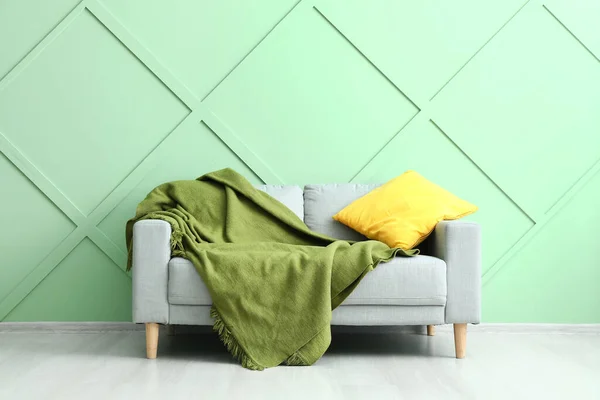 Stylish Sofa Plaid Green Wall — Stock Photo, Image