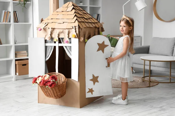 Cute Little Girl Playing Cardboard House Home — Stock Photo, Image
