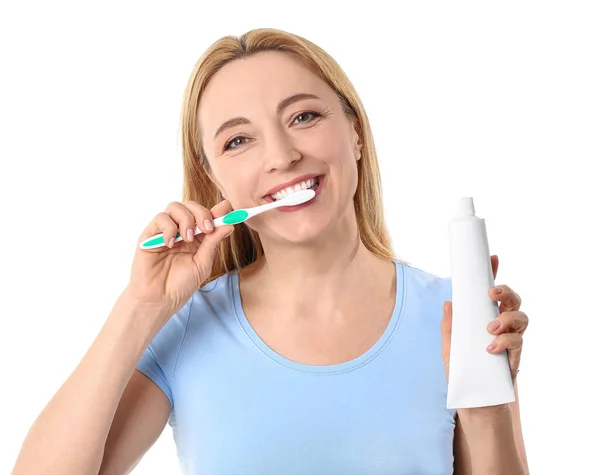 Beautiful Mature Woman Brushing Teeth White Background — Stock Photo, Image
