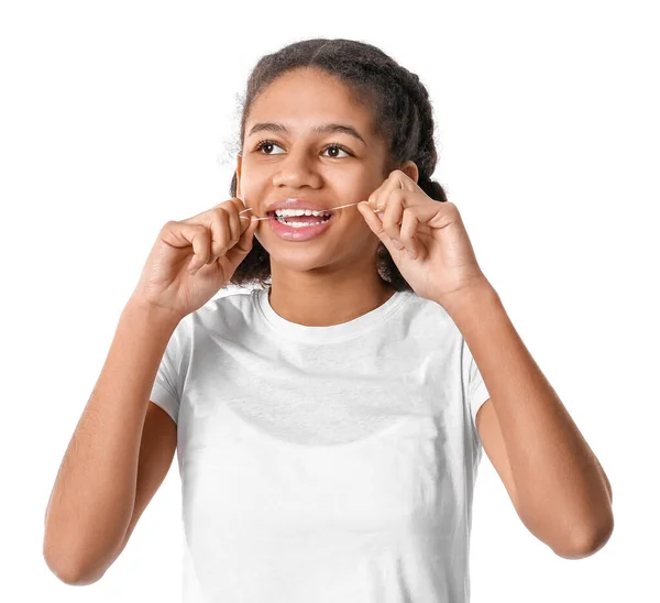 African American Teenage Girl Flossing Teeth White Background — Stock Photo, Image