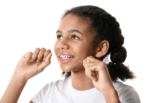 African American Teenage Girl Flossing Teeth White Background — Stock Photo, Image