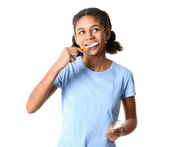 African American Teenage Girl Toothpaste Brushing Teeth White Background — Stock Photo, Image