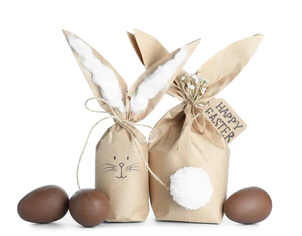 Easter Bunny Gift Bags Chocolate Eggs Isolated White Background — Stock Photo, Image