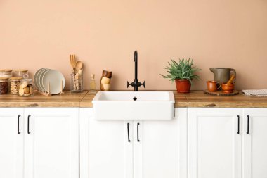 Bej duvarın yanında lavabo, ev bitkisi ve mutfak gereçleri olan tezgahlar