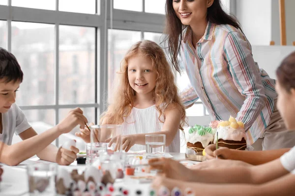 Cute Children Painting Master Class Art Easter Eve — Stock Photo, Image