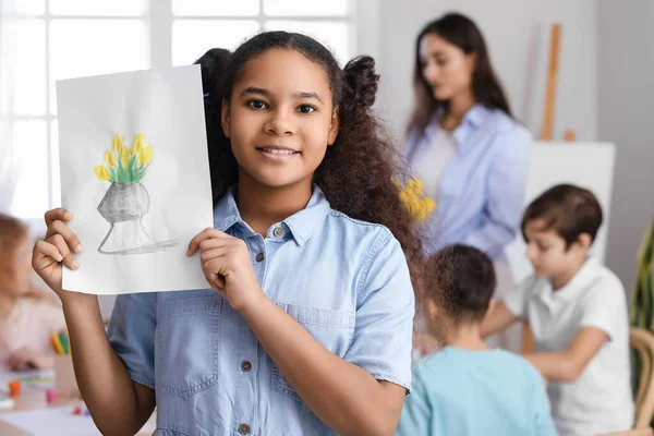 Cute African American Girl Picture Painted Master Class Art — Stock Photo, Image