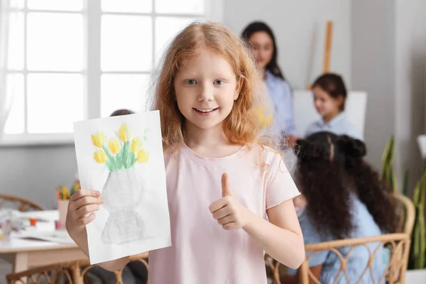 Cute Redhead Girl Showing Thumb Holding Picture Painted Master Class — Stock Photo, Image