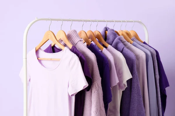 Rack Clothes Purple Shades Lilac Background — Stock Photo, Image