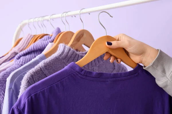 Woman Rack Clothes Purple Shades Lilac Background Closeup — Stock Photo, Image