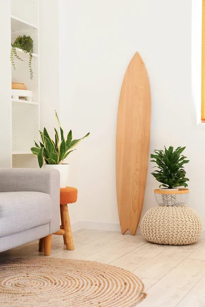 客厅靠近轻墙的木制冲浪板 邮袋和室内植物 — 图库照片