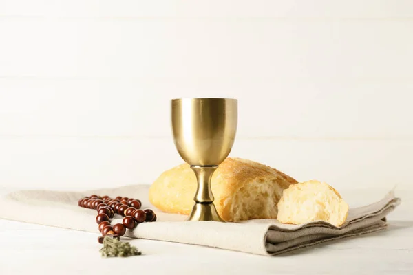 Cup Wine Bread Rosary White Wooden Background — Stock Photo, Image