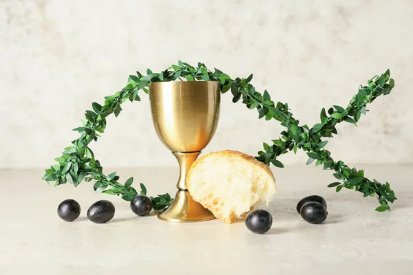 Cup Wine Bread Branches Light Background — Stock Photo, Image