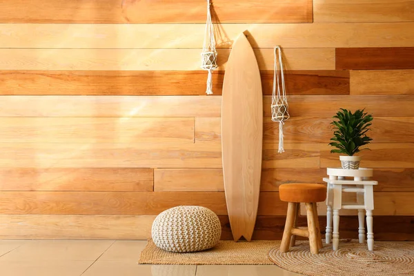 Interior Stylish Room Wooden Surfboard Houseplants — Stock Photo, Image